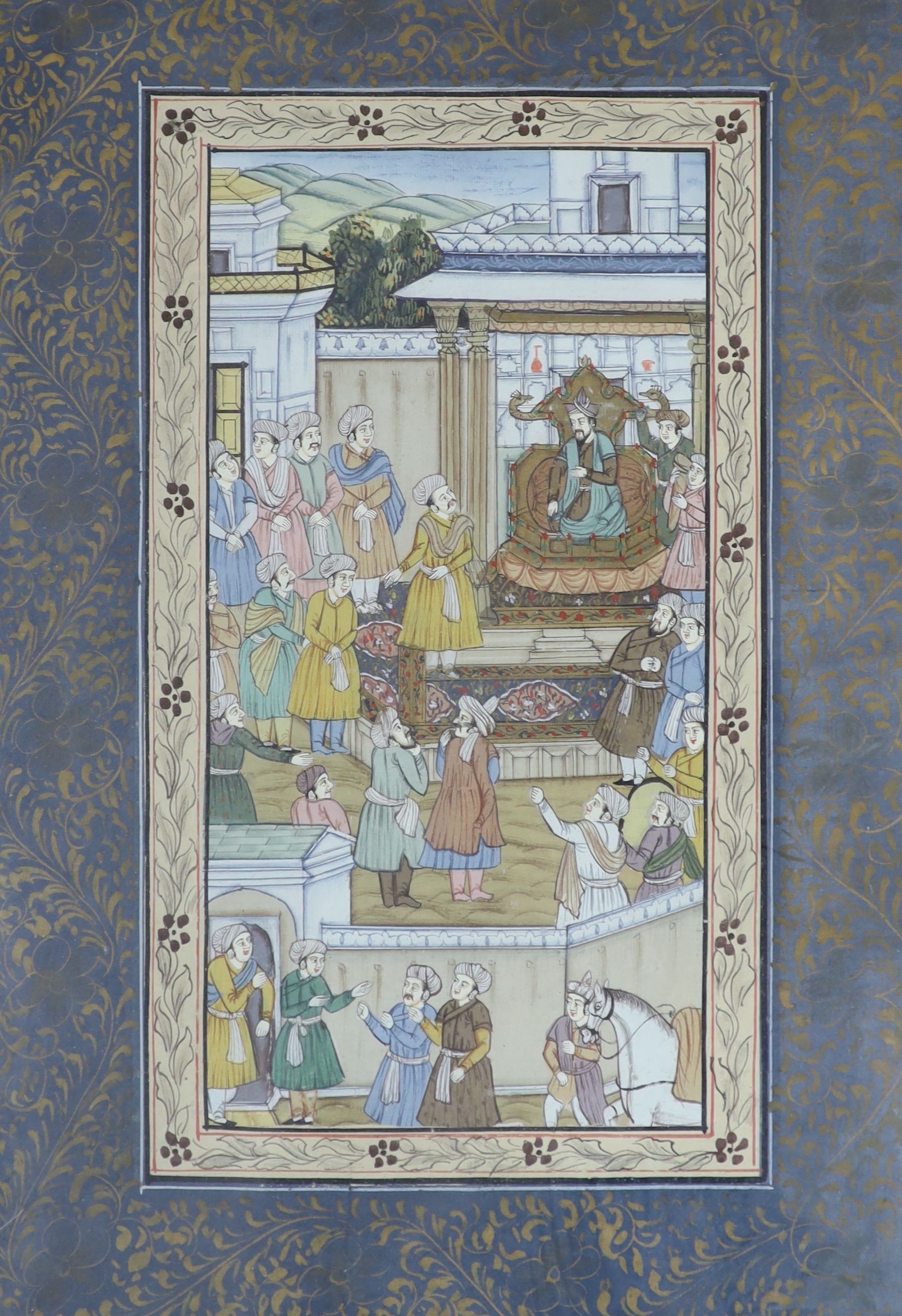 Moghul School, gouache, Nobleman and attendants in a courtyard, overall 31.5 x 21cm